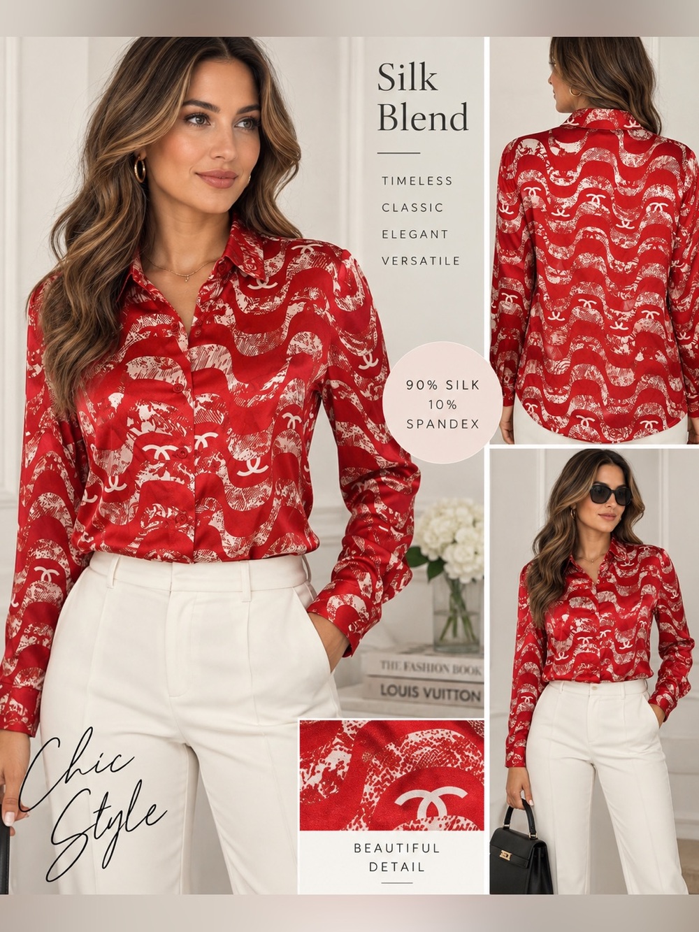 Red Ivory Silk Stretch Satin CC Print Button Down Blouse 90% Silk